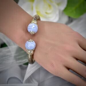 Italian Sterling Silver 925 Arte d'Argento Blue Lace Agate Bypass Cable Cuff 36g